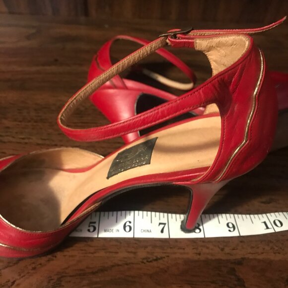 Vintage Red 3 inch Leather Pumps Heels, Gold Accents and Trim, Ankle Strap - Picture 10 of 10